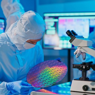asian male technician in sterile coverall holds wafer that reflects many different colors with gloves and check it at semiconductor manufacturing plant