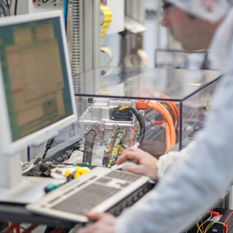 Measuring and testing device in action at the new eCar Powertrain Systems Business Unit development and production site in Erlangen. Siemens employees test the functional performance of power electronics for electric vehicles.